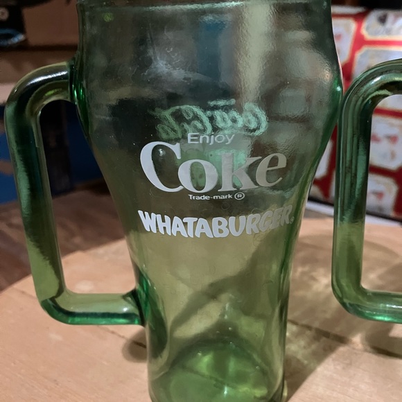 Vintage Set of 2 Coca-Cola Whataburger Cowboy Green Glass Mugs - Picture 2 of 7